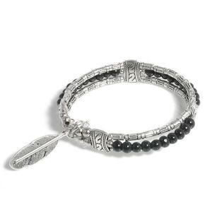 Black Bead Bohemian Feather Silver Bangle
